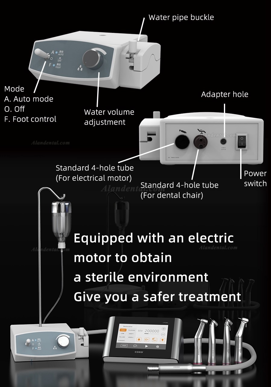 Technical: Name:COXO CX265-76 Smart Peristaltic Pump Input power:AC 100-240V,50/60HZ Water volume:20-250ml Working air pressure：>=0.3MPA Use:Equipped with an electric motor to obtain a sterile enviroment  Feature 1.Automatic water supply 2.Pedal water supply 3.Adjustable water quantity.
